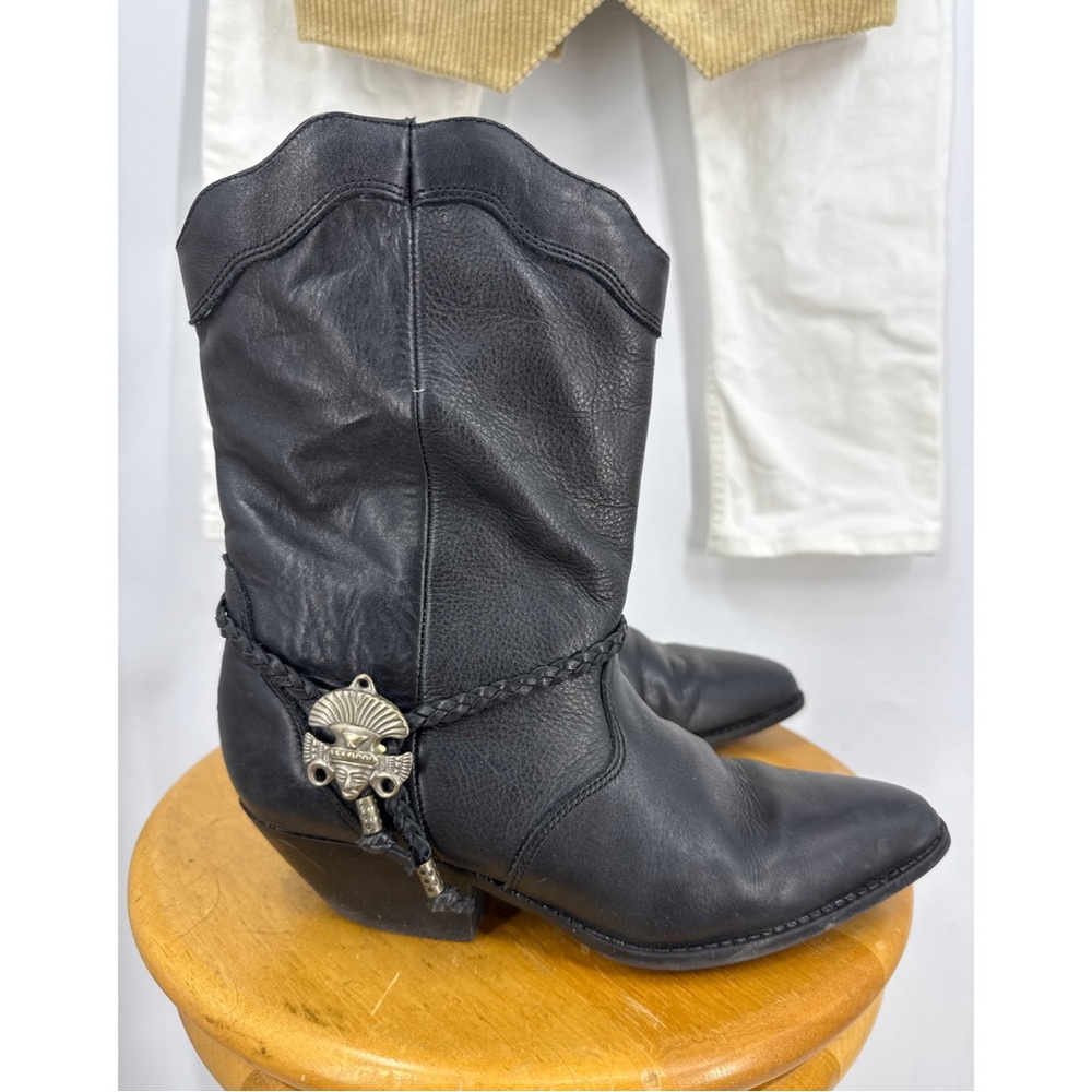 Maine Woods leather upper braided strap W/added metal charm detail Heeled Boots